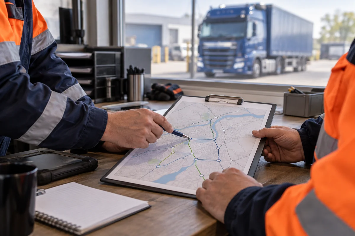 Illustrative transport workers reviewing a route plan at a depot