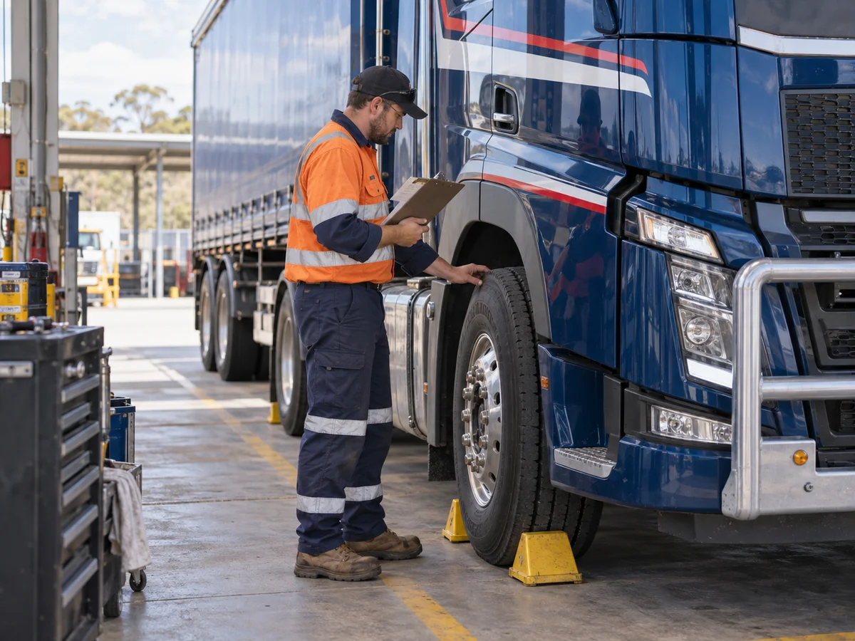 Illustrative technician inspecting a stationary truck's tyre in a maintenance bay