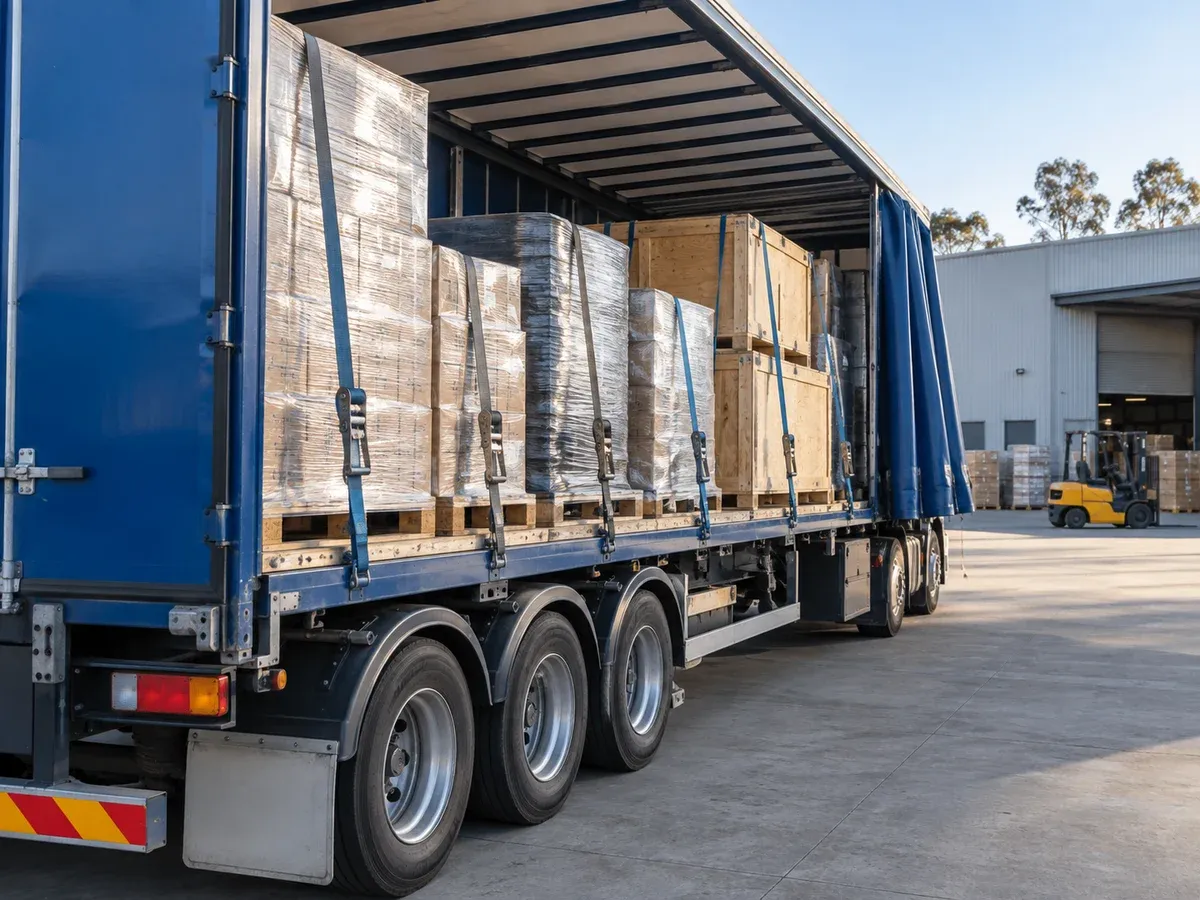 Illustrative secured palletised freight inside a curtain-side trailer at a depot